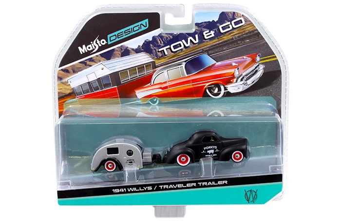 1941 Willys Matt Black and Traveler Trailer Tow & Go 1/64 Diecast Model by Maisto - Willys Models