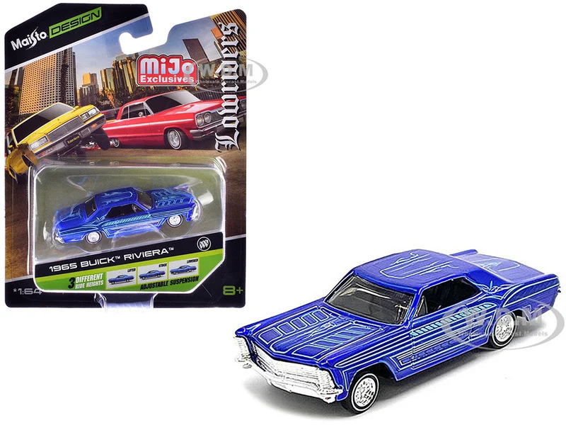 1965 Buick Riviera Candy Blue with Graphics "Lowriders" "Maisto Design" Series 1/64 Diecast Model Car by Maisto - Buick Models