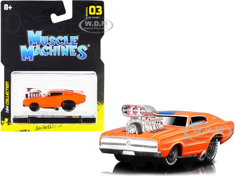 1966 Dodge Charger 426 C.I. Orange with Blue Stripe 1/64 Diecast Model Car by Muscle Machines - Dodge Models