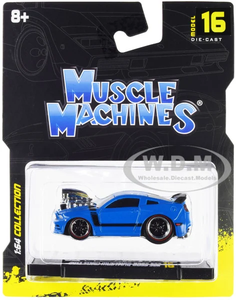 2013 Ford Mustang Boss 302 Light Blue with Black Stripes 1/64 Diecast Model Car by Muscle Machines - Ford Models
