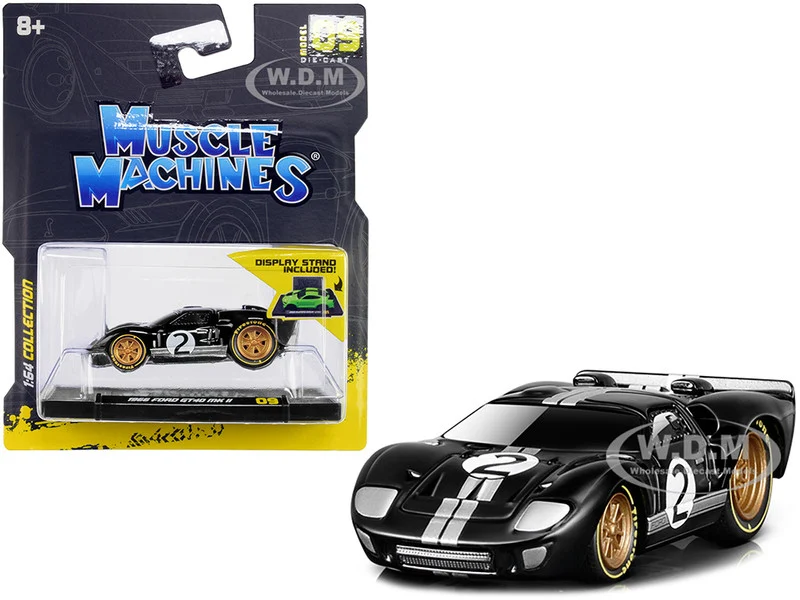 1966 Ford GT40 MKII #2 Black with Silver Stripes and Gold Wheels 1/64 Diecast Model Car by Muscle Machines - Ford Models