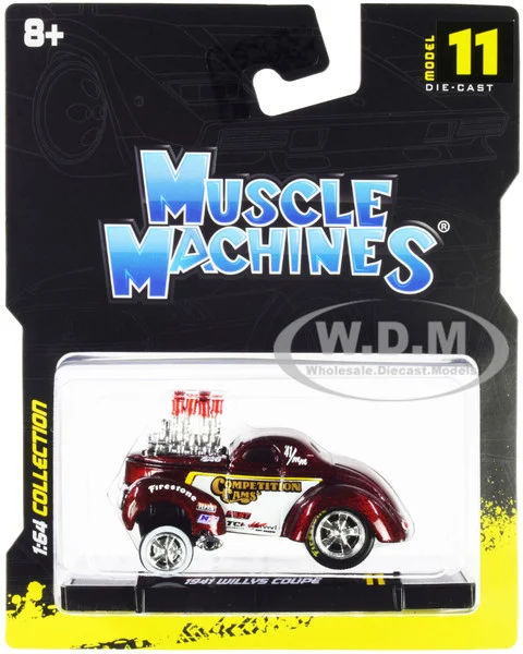 1941 Willys Coupe Gasser "Competition Cams" Red Metallic and White 1/64 Diecast Model Car by Muscle Machines - Willys Models