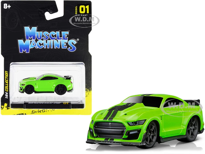 2020 Ford Mustang Shelby GT500 Bright Green with Black Stripes 1/64 Diecast Model Car by Muscle Machines - Ford Models