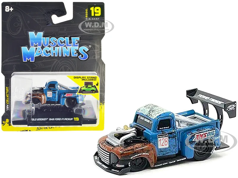 1949 Ford F1 Pickup Truck #128 "Old Smokey" Blue and Brown (Weathered) 1/64 Diecast Model Car by Muscle Machines - Ford Models