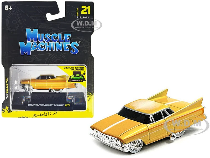 Gene Winfield’s 1961 Cadillac Maybelline Yellow Metallic with White Stripes 1/64 Diecast Model Car by Muscle Machines - Cadillac Models