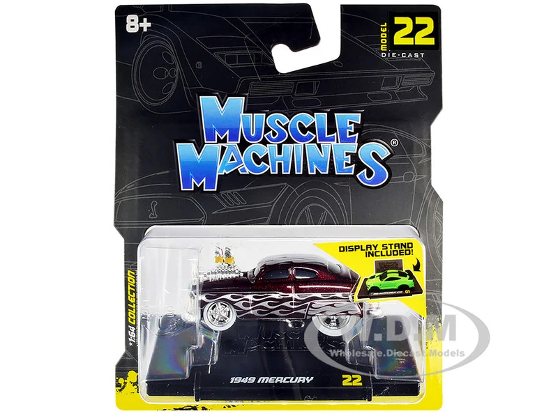 1949 Mercury Custom Coupe Dark Red Metallic with Flames 1/64 Diecast Model Car by Muscle Machines - Mercury Models