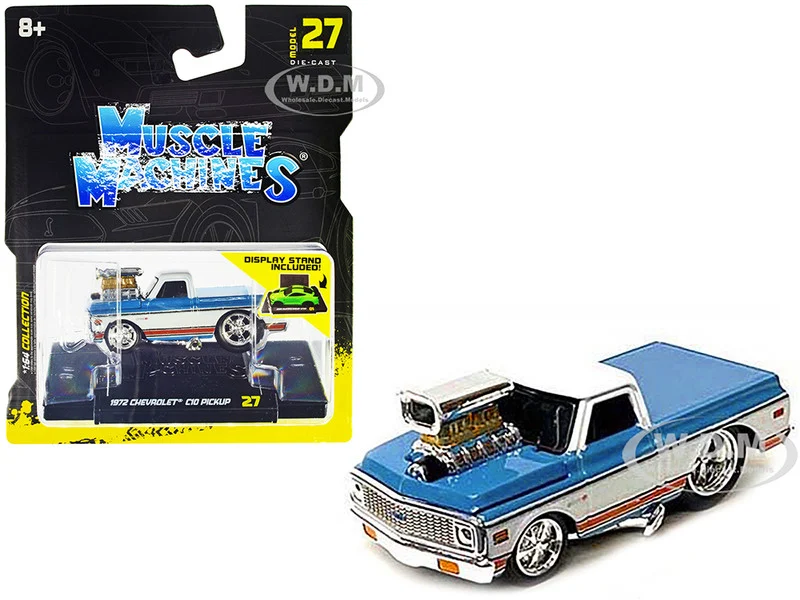 1972 Chevrolet C10 Pickup Truck Blue and White with Stripes 1/64 Diecast Model Car by Muscle Machines - Chevrolet Models