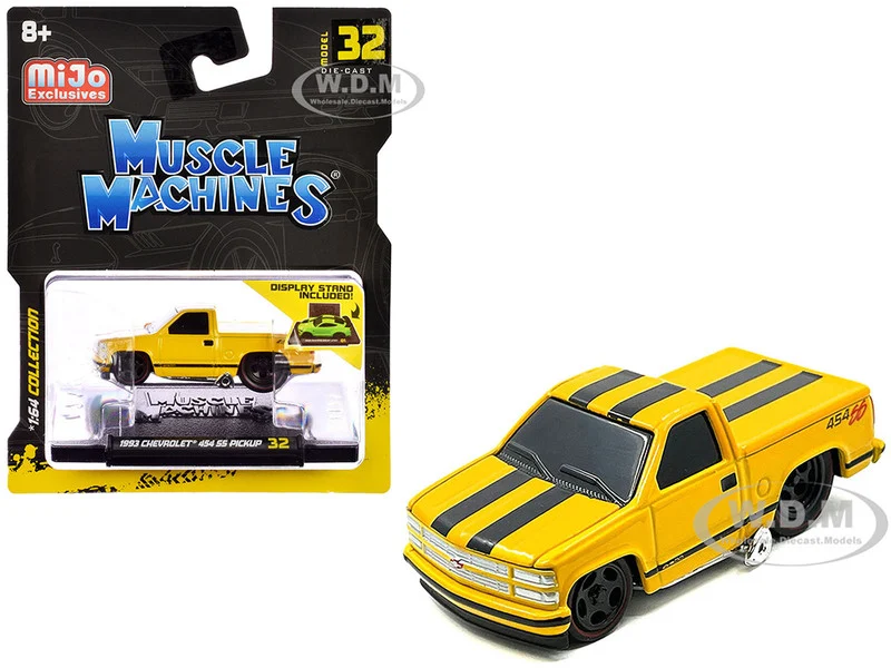 1993 Chevrolet 454 SS Pickup Truck Yellow with Black Stripes 1/64 Diecast Model Car by Muscle Machines - Chevrolet Models