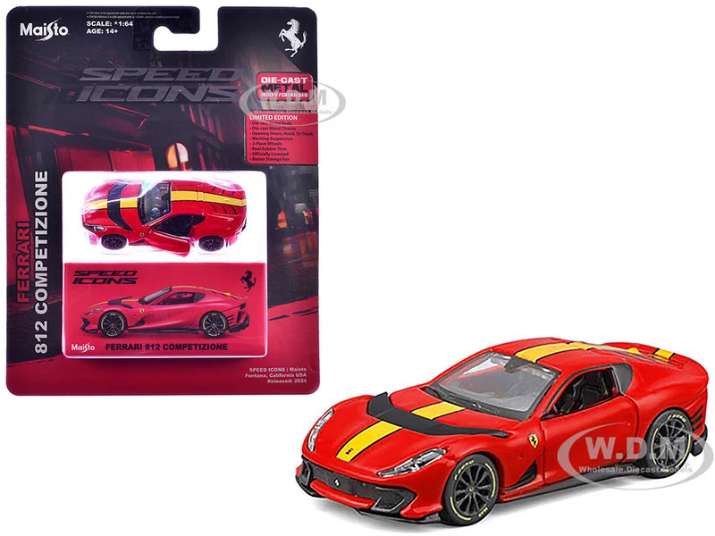 Ferrari 812 Competizione Red with Yellow Stripe "Speed Icons" Series 1/64 Diecast Model Car by Maisto - Ferrari Models