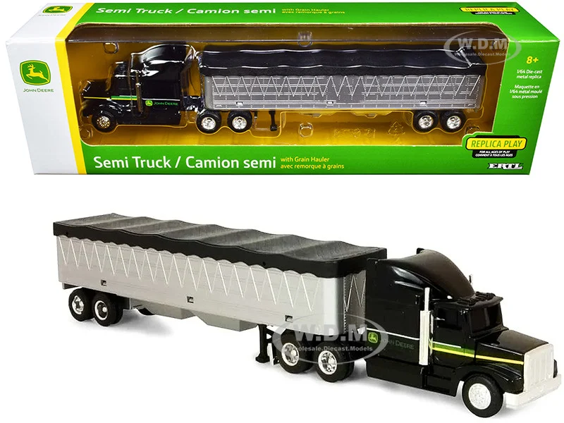 John Deere Semi Truck Tractor with Grain Trailer Black and Silver 1/64 Diecast Model by ERTL TOMY - John Deere Models