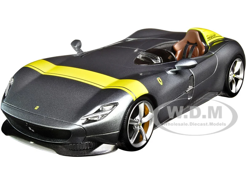 Ferrari Monza SP1 Silver Metallic with Yellow Stripes 1/18 Diecast Model Car by Bburago - Ferrari Models