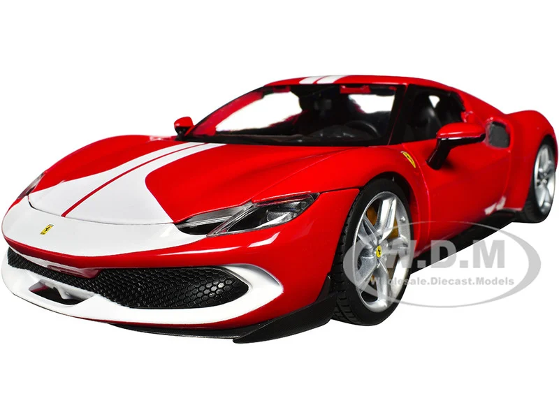 Ferrari 296 GTB Assetto Fiorano Red with White Stripes "Race + Play" Series 1/18 Diecast Model Car by Bburago - Ferrari Models