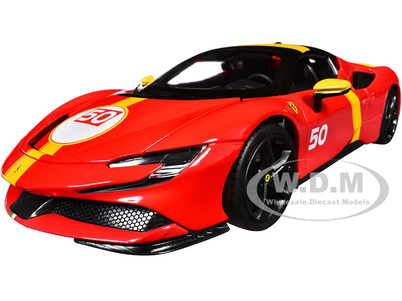 Ferrari SF90 Stradale Assetto Fiorano #50 Red with Black Top and Yellow Stripes "Race + Play" Series 1/18 Diecast Model Car by Bburago - Ferrari Models
