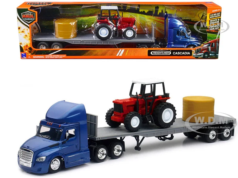 Freightliner Cascadia with Flatbed Trailer Blue with Farm Tractor Red and Hay Bales "Long Haul Trucker" Series 1/43 Diecast Model by New Ray - Freightliner Models