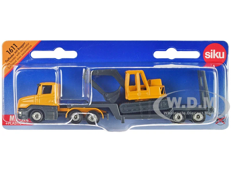 Truck with Low Loader Trailer and Excavator Yellow Diecast Model by Siku - Construction Models