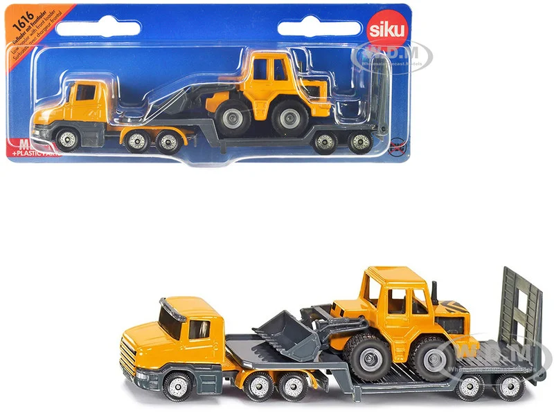 Truck with Low Loader Trailer and Front Loader Yellow Diecast Model by Siku - Construction Models