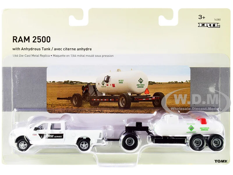 RAM 2500 Pickup Truck "Farm Service" White with Anhydrous Ammonia Tanks and Chassis Set of 2 pieces 1/64 Diecast Models by ERTL TOMY - Pickup Trucks Models
