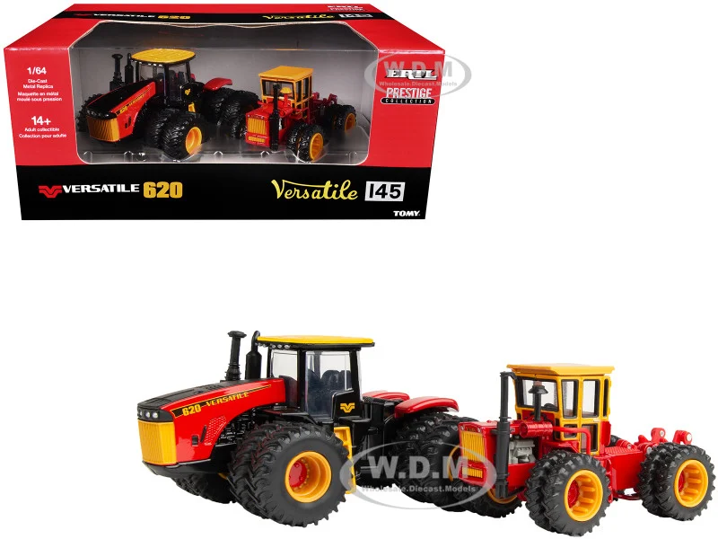 Versatile 620 Tractor Black and Red with Yellow Top and Versatile 145 Tractor Red with Yellow Cabin Set of 2 Tractors "Prestige Collection" 1/64 Diecast Models by ERTL TOMY - 1/64 Scale Sets