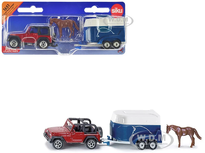 Jeep Red with Horse Trailer Blue and Horse Accessory Diecast Model by Siku - Jeep Models