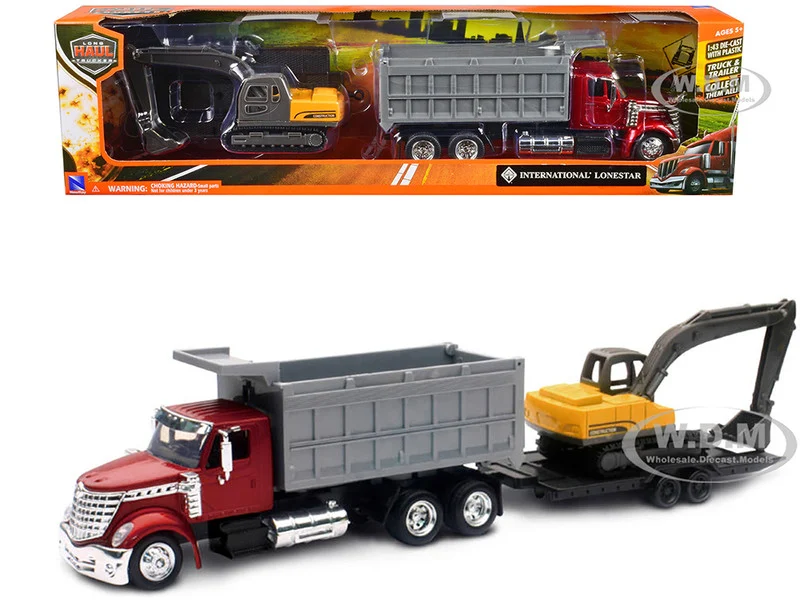 International Lonestar Dump Truck Red and Tracked Excavator Yellow with Flatbed Trailer "Long Haul Truckers" Series 1/43 Diecast Model by New Ray - International Models