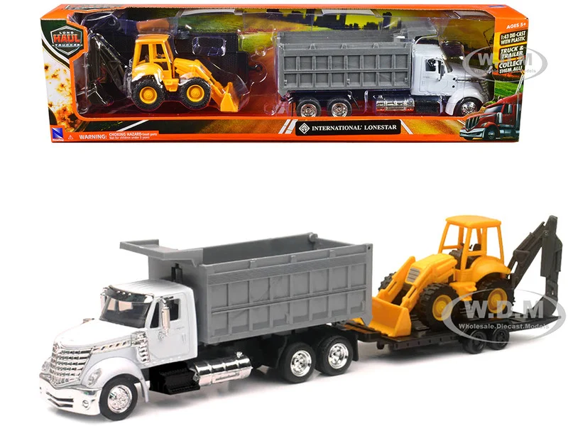 International Lonestar Dump Truck White and Wheel Loader Yellow with Flatbed Trailer "Long Haul Truckers" Series 1/43 Diecast Model by New Ray - International Models