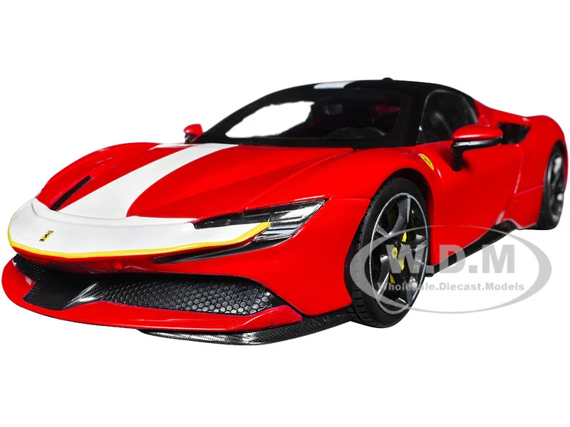 Ferrari SF90 Stradale Assetto Fiorano Red with White Stripes "Signature Series" 1/18 Diecast Model Car by Bburago - Ferrari Models
