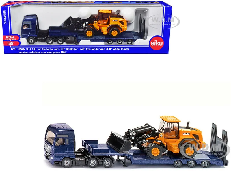 MAN Truck Blue Metallic with Low Loader Trailer and JCB 457 Wheel Loader Yellow 1/87 (HO) Diecast Model by Siku - Construction Models