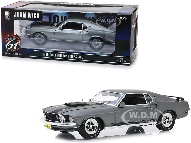 1969 Ford Mustang BOSS 429 Gray with Black Stripes "John Wick" (2014) Movie 1/18 Diecast Model Car by Highway 61 - Ford Models
