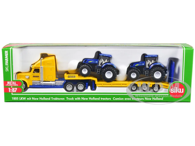 Tractor Truck Yellow with 2 New Holland T7070 Tractors Blue 1/87 (HO) Diecast Models by Siku - Tractors & Farm Models