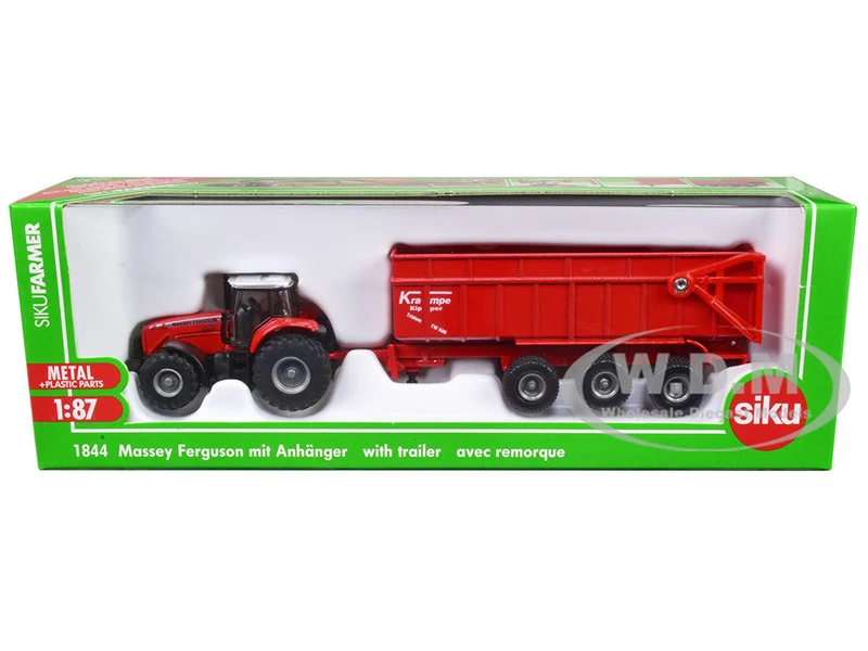 Massey Ferguson 8480 Dyna VT Tractor Red with Silver Top and Krampe Dump Trailer Red 1/87 (HO) Diecast Models by Siku - Massey Ferguson Models