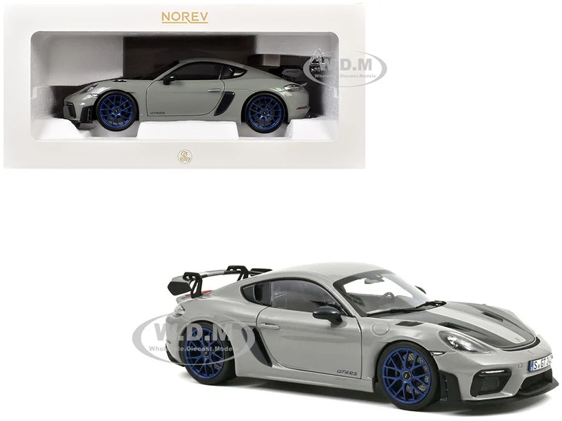 2023 Porsche Cayman GT4 RS Weissach Pack Chalk Gray with Carbon Hood Stripes 1/18 Diecast Model Car by Norev - Porsche Models