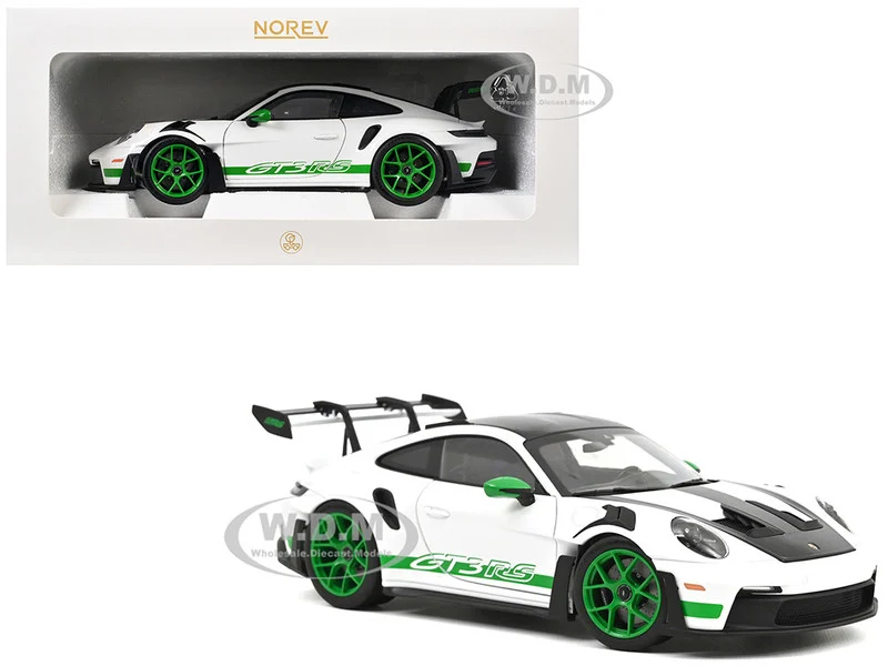 2022 Porsche 911 GT3 RS Weissach Pack White with Green Stripes And Carbon Hood and Top 1/18 Diecast Model Car by Norev - Porsche Models