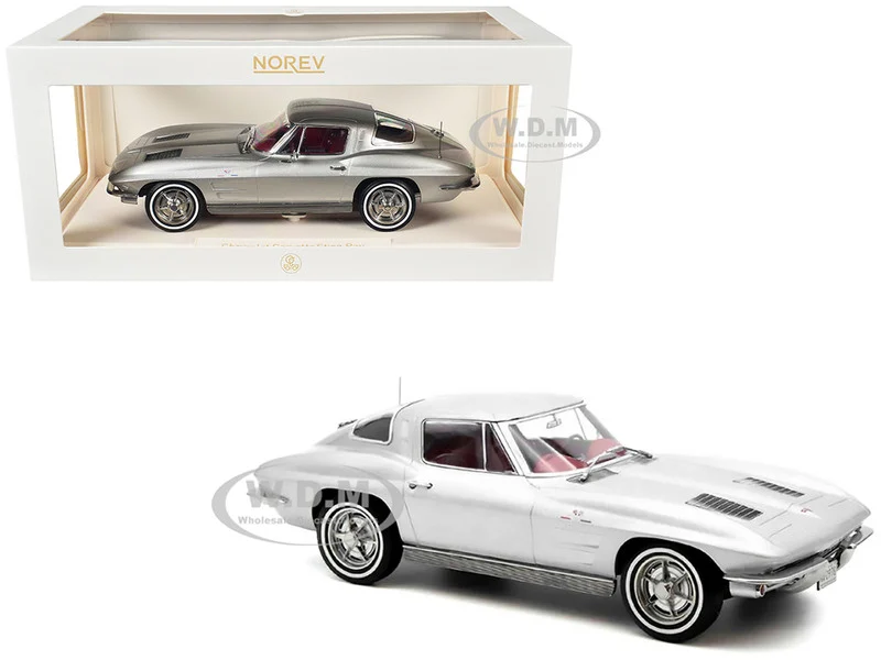 1963 Chevrolet Corvette Sting Ray Sebring Silver Metallic with Red Interior 1/18 Diecast Model Car by Norev - Chevrolet Models
