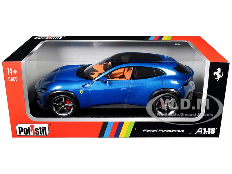 2022 Ferrari Purosangue Blu Corsa Blue Metallic with Black Top and Orange Interior 1/18 Diecast Model Car by Polistil - Ferrari Models