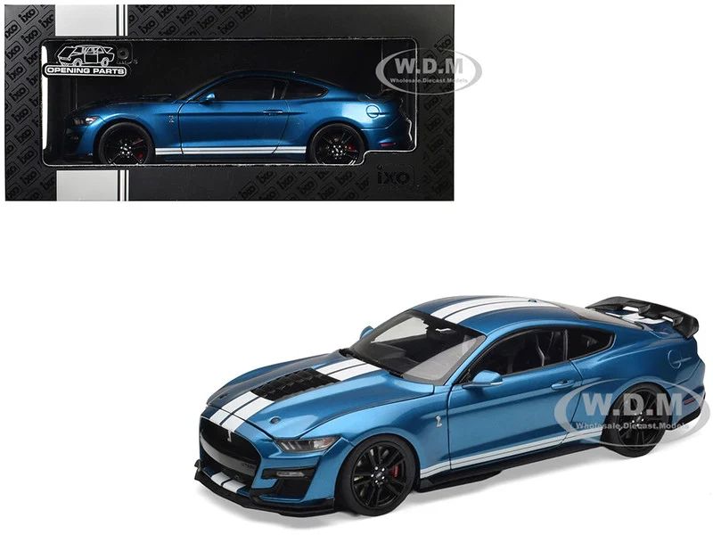 2022 Ford Mustang Shelby GT500 Blue Metallic with White Stripes 1/18 Diecast Model Car by IXO Models - Ford Models