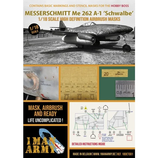 1 Man Army 18DET001 1/18 Messerschmitt Me 262 Schwalbe Basic Markings and Stencil Masks for Hobby Boss kit - Model Planes