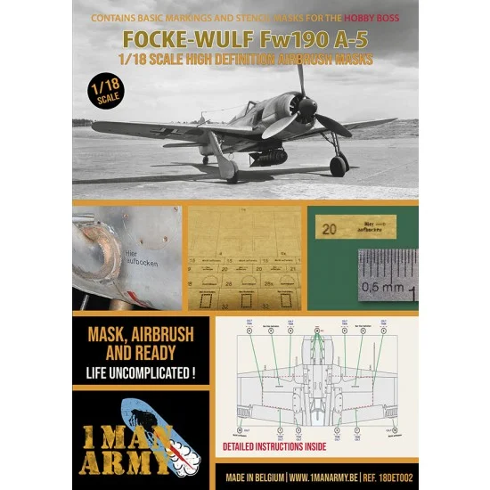 1 Man Army 18DET002 1/18 Focke Wulf Fw190 A-5 Basic Markings and Stencil Masks for Hobby Boss kit