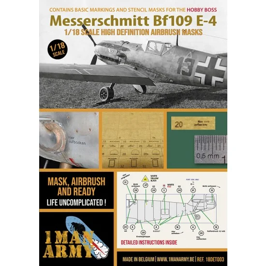 1 Man Army 18DET003 1/18 Messerschmitt Bf 109 E-4 Basic Markings and Stencil Masks for Hobby Boss kit