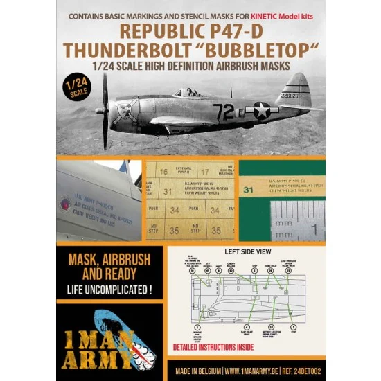 1 Man Army 24DET002 1/24 P-47D Thunderbolt Bubbletop Markings & Stencil Masks for Kinetic kits
