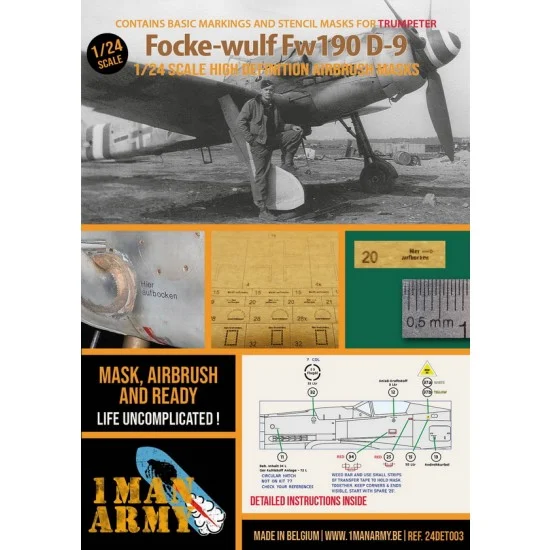 1 Man Army 24DET003 1/24 Focke-wulf Fw 190 D-9 Basic Markings and Stencil Masks for Trumpeter kits