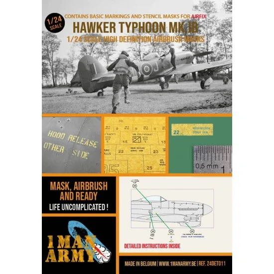 1 Man Army 24DET011 1/24 Hawker Typhoon Mk.IB Markings & Stencil Masks for Airfix #19002 - Model Planes