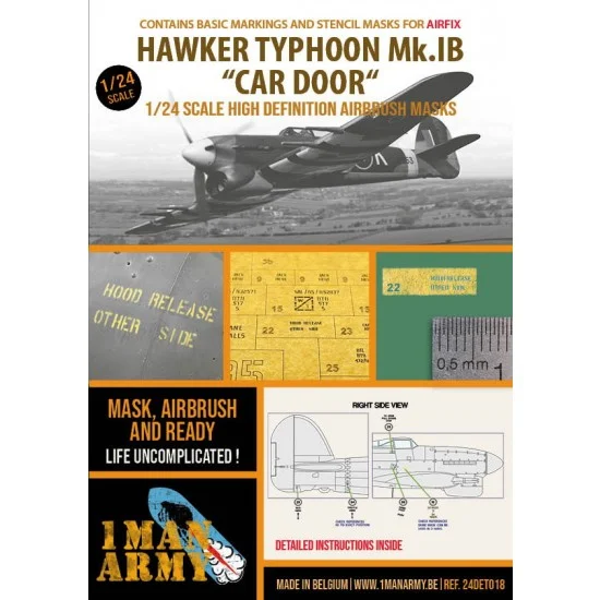 1 Man Army 24DET018 1/24 Hawker Typhoon Mk.IB Cardoor Markings & Stencil Masks for Airfix kit #19003 - Model Planes