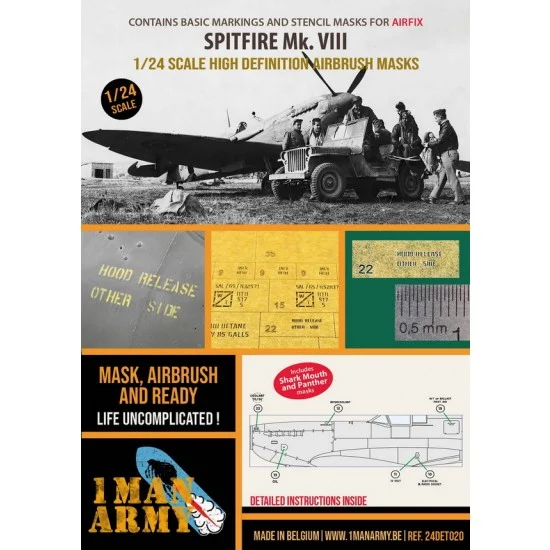 1 Man Army 24DET020 1/24 Spitfire Mk VIII Basic Markings and Stencil Paint Masks for Airfix kits - Model Planes
