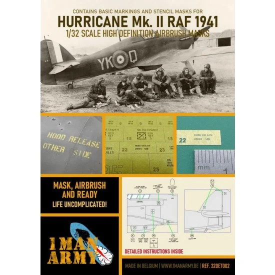 1 Man Army 32DET002 1/32 RAF Hawker Hurricane MK II 41/42 Airbrush Paint Masking - Model Planes
