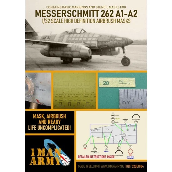 1 Man Army 32DET004 1/32 Messerschmitt ME 262 A1/2 Airbrush Paint Masking - Model Planes