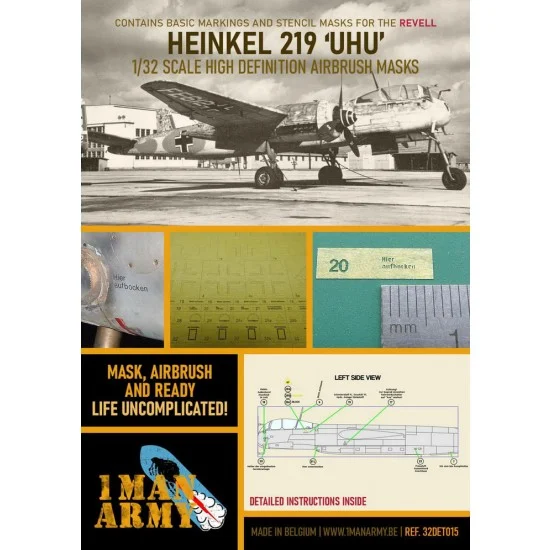 1 Man Army 32DET015 1/32 Heinkel HE 219 UHU Airbrush Paint Masking for Revell kits - Model Planes