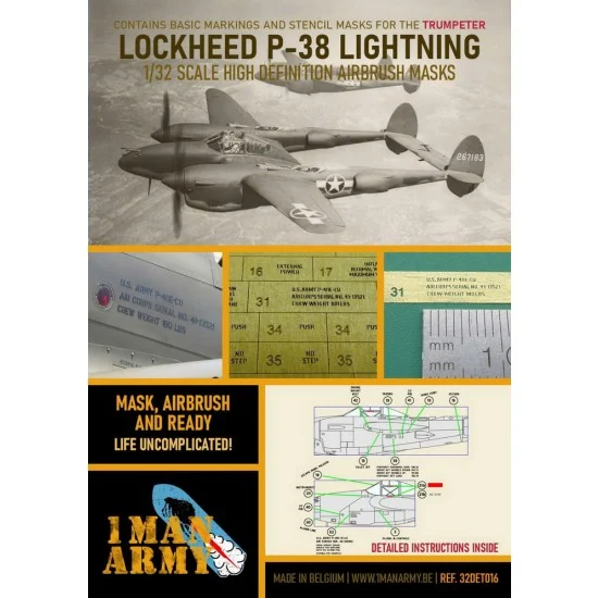 1 Man Army 32DET016 1/32 Lockheed P38 Lightning Airbrush Paint Masking for Trumpeter kits - Model Planes