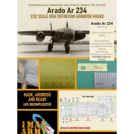 1 Man Army 32DET019 1/32 Arado Ar 234 Airbrush Paint Masking for Fly Models - Model Planes