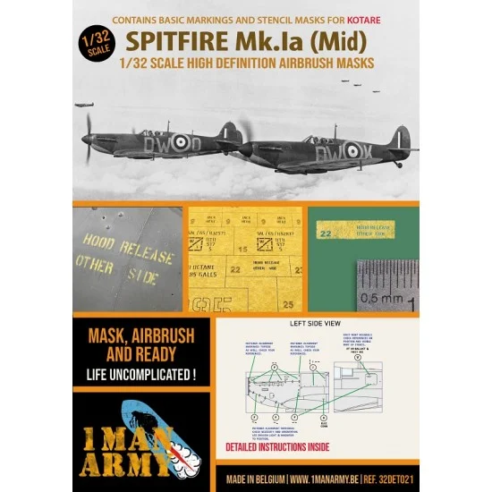 1 Man Army 32DET021 1/32 Spitfire Mk Ia (Mid) Basic Markings & Stencil Masks for Kotare kits - Model Planes