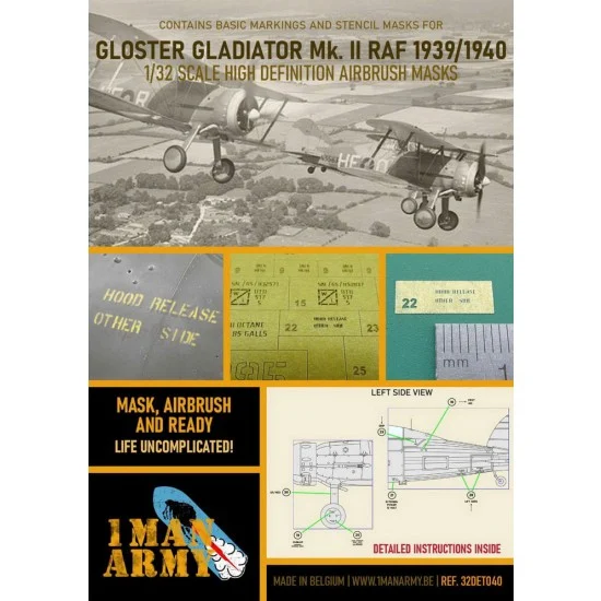 1 Man Army 32DET040 1/32 Gloster Gladiator MKII Airbrush Paint Masking - Model Planes